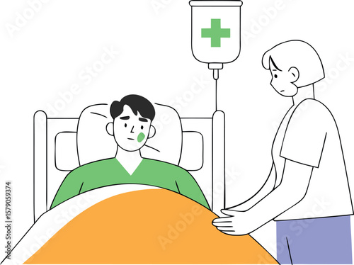 Cartoon illustration vector drawing of a woman doctor and boy patient in a hospital room, a nurse with a patient in bed