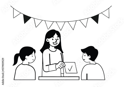 Cartoon vector illustration of a loving family with a smiling boy and girl enjoying a meal together in a cafe