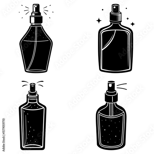 Illustration of four different spray bottles with various shapes and designs in black and white color