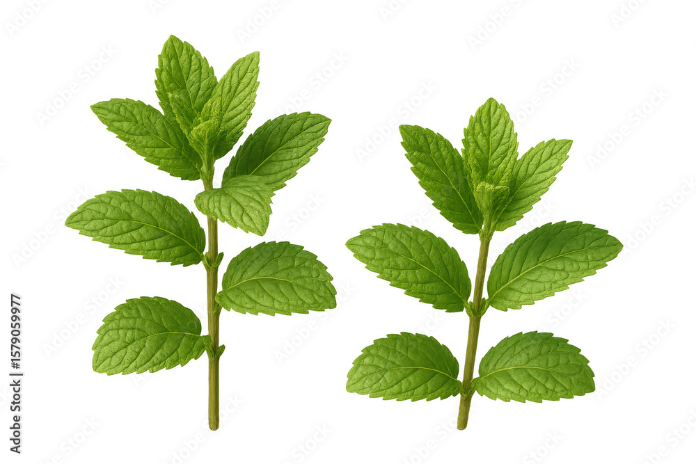Fototapeta premium Two sprigs of fresh mint with vibrant green leaves are isolated on a transparent background, ready for use in food, beverage, or health-related designs