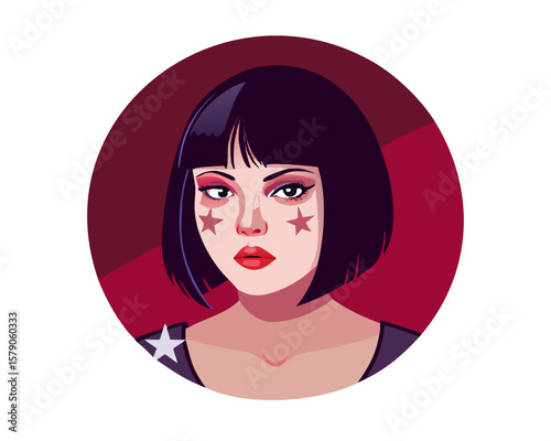 Transparent background: Stylish pop art woman with bob haircut and star makeup, perfect for retro and beauty themes.

