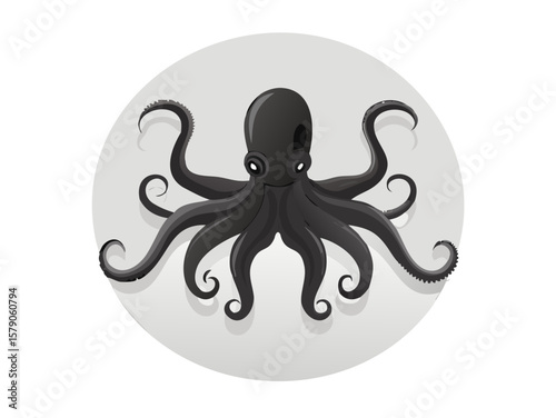 Transparent background: Stylized black octopus illustration within a circular frame, representing marine life and mystery.

