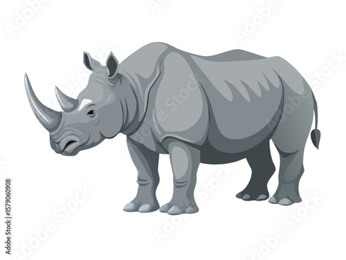 Transparent background: Majestic grey rhinoceros cartoon, depicting its powerful and imposing presence in the wild.

