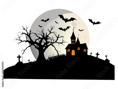 Transparent background: Spooky Halloween night scene with haunted house, bats, dead tree, and graveyard under a full moon.

