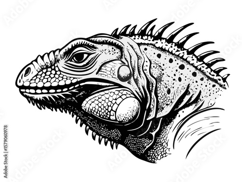 Transparent background: Detailed black and white illustration of an iguana head, showcasing its scales and texture.

