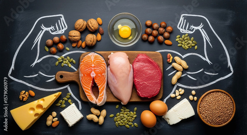 Chalk drawing of muscular arms surrounding protein rich foods salmon chicken breast