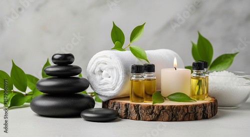 Stacked black spa stones with essential oil bottles and lit candle wellness relaxation