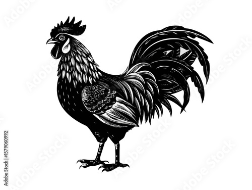 Transparent background: Detailed black and white illustration of a proud rooster, perfect for farm themes or vintage designs.


