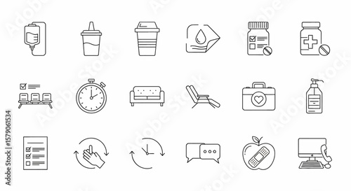 Line art icons represent healthcare, business and lifestyle themes in a clean, minimalist graphic illustration