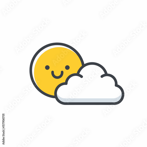 A sunny day cartoon icon features a smiling sun peeking from behind a fluffy white cloud illustration, radiating happiness and warmth.