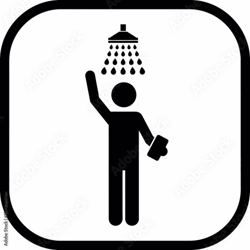 Simple black and white pictogram showing a person taking a shower under a shower head with a sponge for cleanliness.
