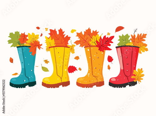 Colorful Autumn Boots Filled with Fall Leaves Illustration on White Background