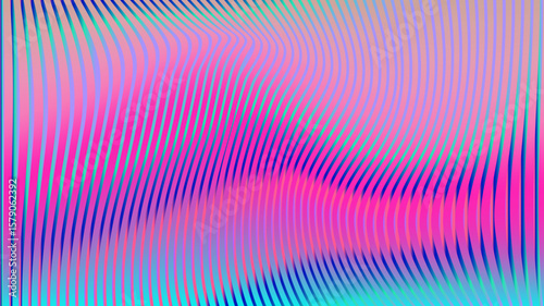 
Abstract vector background in modern optical art style with wavy, curved black lines over vibrant pink, purple, green, and blue gradient colors. Dynamic, energetic, and futuristic visual effect.