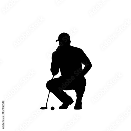 Golfer Silhouette: A golfer crouches in a focused posture, preparing for a crucial putt. The silhouette emphasizes the concentration and skill required in the sport. 