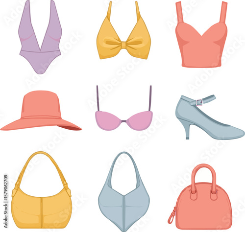 A collection of stylish women s fashion items including swimwear tops a hat shoes and handbags in various colors