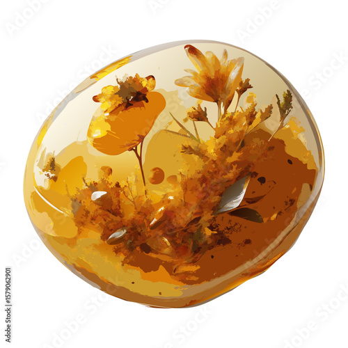 Artistic illustration of a preserved flower within a piece of amber against a clean white backdrop