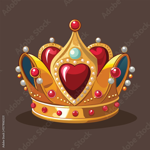 Ornate golden crown adorned with large red heart gemstones and small pearls symbolizing royalty and luxury silhouette