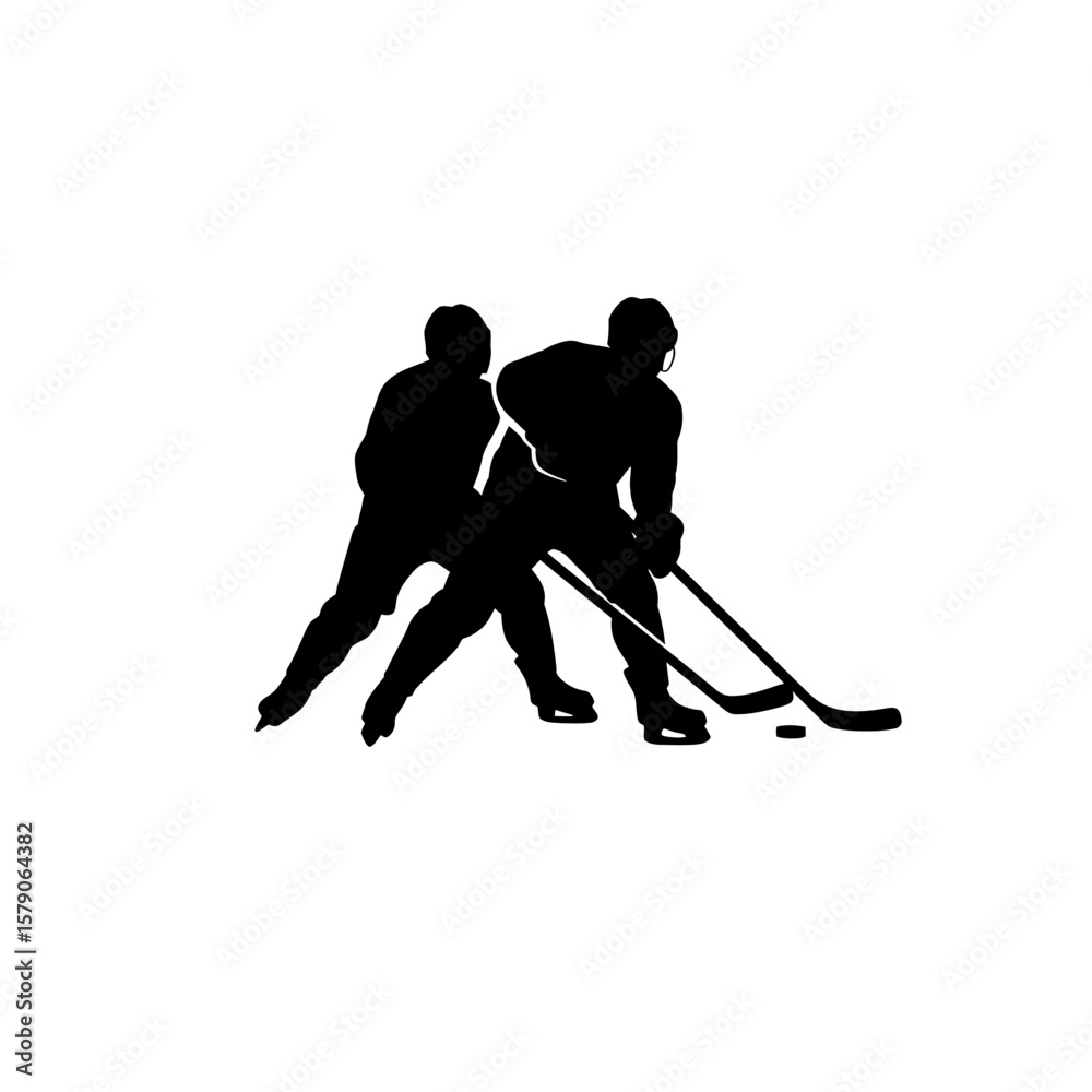 Fototapeta premium Ice Hockey Silhouette: Two ice hockey players fiercely compete, their silhouettes outlined against the bright rink in this dynamic image.
