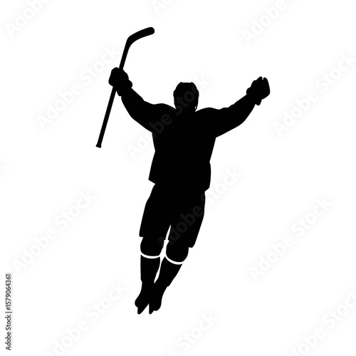 Silhouette of Victory: A dynamic silhouette captures the exhilaration of a hockey player in mid-air, celebrating a hard-won goal, with a triumphant pose and a hockey stick held high.