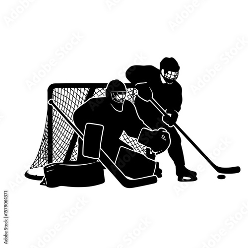 Hockey Showdown: Silhouette of hockey players in action during an intense match, goalie ready to save a shot, and another skater poised to strike. An illustrative portrayal of the sports essence.