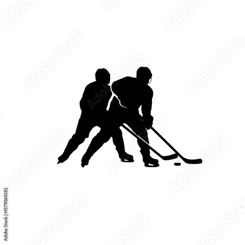 Ice Hockey Silhouette: Two ice hockey players fiercely compete, their silhouettes outlined against the bright rink in this dynamic image.