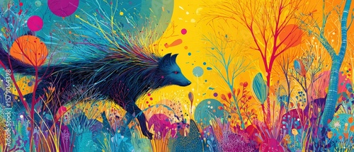 Abstract fox running in colorful forest with vibrant plants and trees Fantasy wildlife illustration with whimsical nature and bright colors in a magical landscape