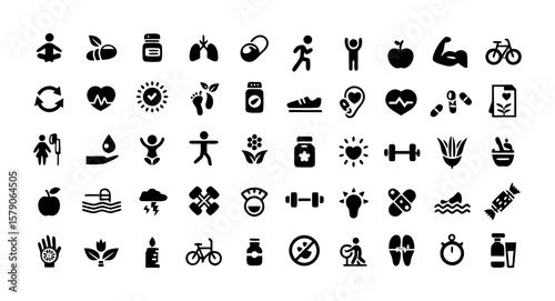 Healthy Lifestyle and Wellness Icon Set – Vector Illustrations of Fitness, Nutrition, Mindfulness, Medical Habits, Yoga, Meditation, Skincare, Immune Support, Supplements, Walking, and Running
