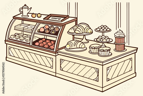 Vintage Bakery Counter with Pastries – Hand Drawn Shop Scene