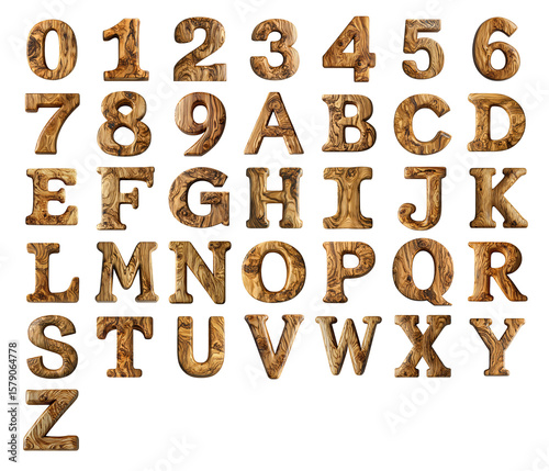 3D numbers and letters text made of Ash Wood isolated on a white transparent background
