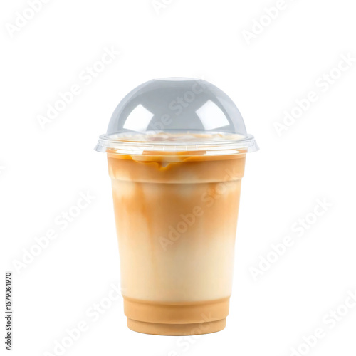 Iced coffee latte with lid in plastic cup isolated on transparent background