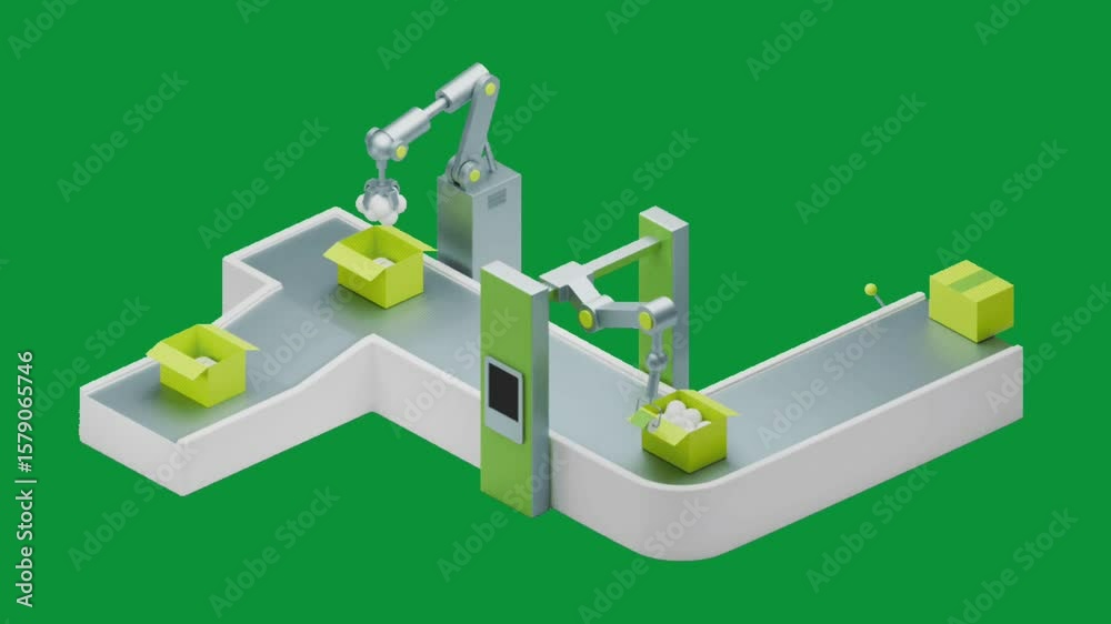Smooth, clean 3D isometric animation of an automated packaging line ...