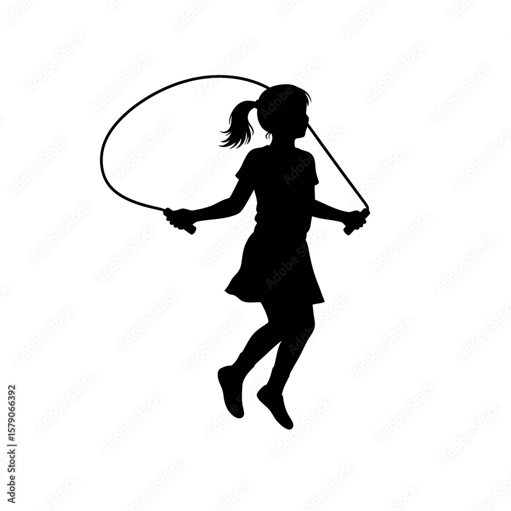 Obraz premium Jump into Activity: A silhouette of a girl gracefully jumps a rope, capturing the spirit of childhood energy and the joy of play.