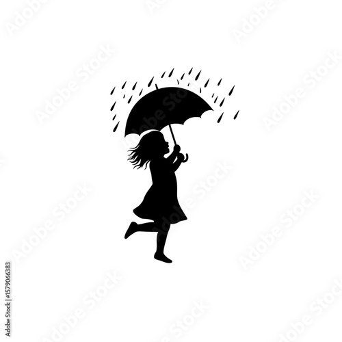Dancing in the Rain: A young girl's silhouette, joyfully dances in the rain under the protection of an umbrella, depicting a whimsical scene of childhood glee and freedom.