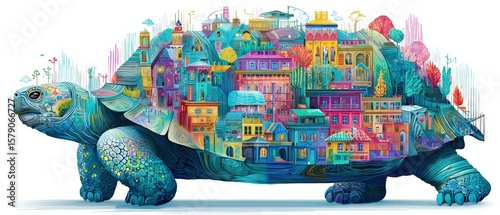 Colorful turtle carrying vibrant city on its back, whimsical fantasy illustration Concept of slow living, sustainability, and unique architecture