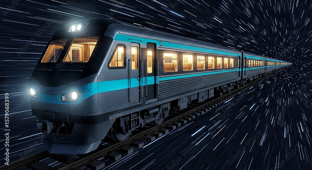 Naklejka premium Futuristic Train Speeding Through Space Tunnel Modern Transportation Concept