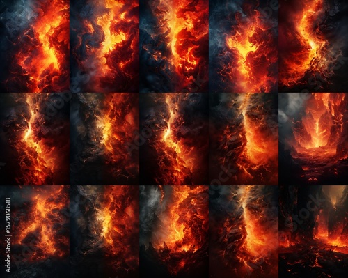 Fire smoky brimstone jagged hellish landscape set compilation illustration