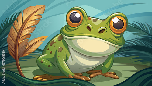 A curious frog with big eyes stares at a drifting feather. Its posture is relaxed, feet outstretched, capturing a moment of still, playful wonder in natural simplicity.