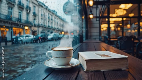 A cozy scene of a hot cup of coffee and a book on a table in a cafe, looking out at a rainy city street