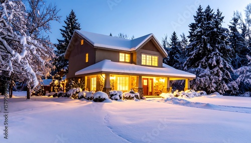 Cozy winter home in snow