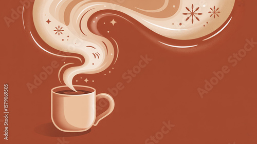 Illustration of a steaming mug of hot coffee or chocolate with winter snowflakes in the steam. A cozy and modern graphic for cafes, menus, and seasonal holiday themes.