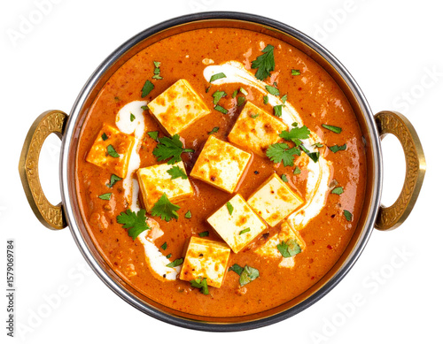 Paneer Butter Masala in Brass Kadai with Cream Swirl and Coriander Garnish, Top View, Transparent Background