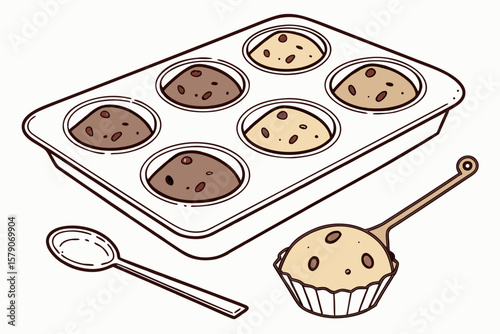 Muffin Tin with Batter Scoop and Muffins – Hand Drawn Baking Scene
