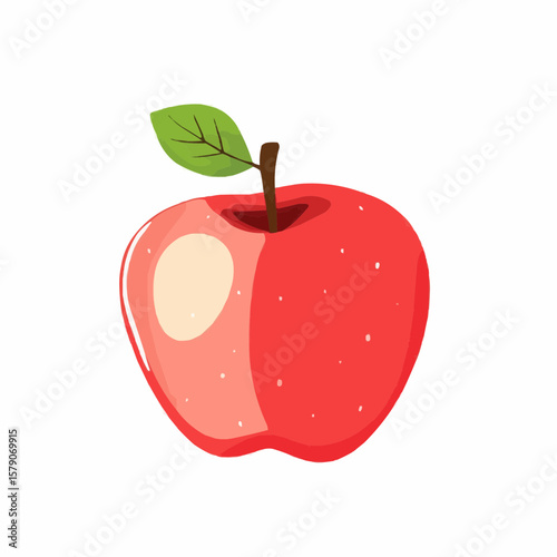 Flat cartoon apple with simple red shape and green leaf, ideal for natural food packaging, eco labels or healthy snack branding