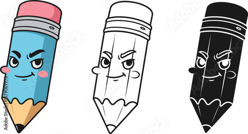 Angry pencil cartoon illustration set drawing vector design for kids education and back to school editable