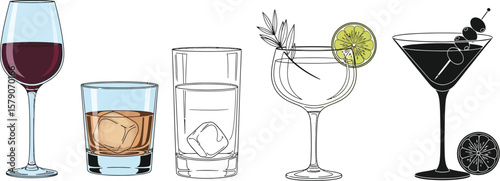 Assorted cocktails and drinks illustration for bar menu design and beverage concept with different alcohol types editable