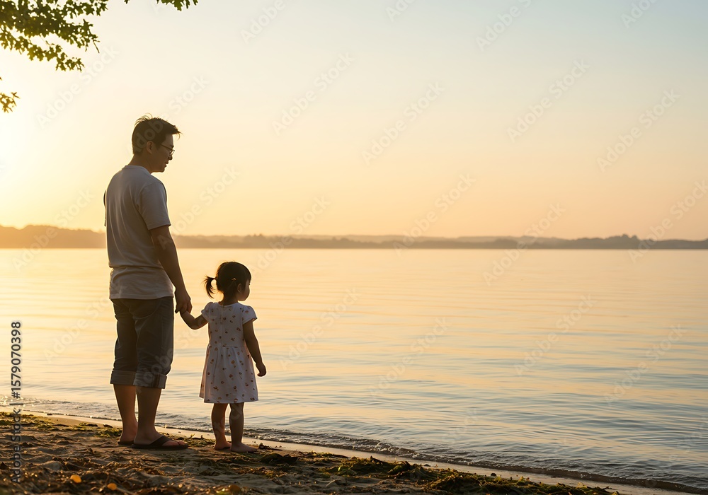 Fototapeta premium Father and Daughter Enjoying a Sunrise Beach Stroll. Generative Ai