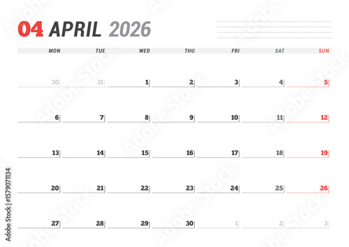 April 2026 Monthly Calendar Template sharpens managerial focus with minimalist blank lines, perfect for offices and efficient scheduling, improves task control and planning, vector illustration