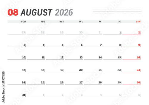August 2026 Monthly Calendar Template enhances time management with minimalist blank lines, ideal for planning and productivity in business environments, simple and modern, vector illustration