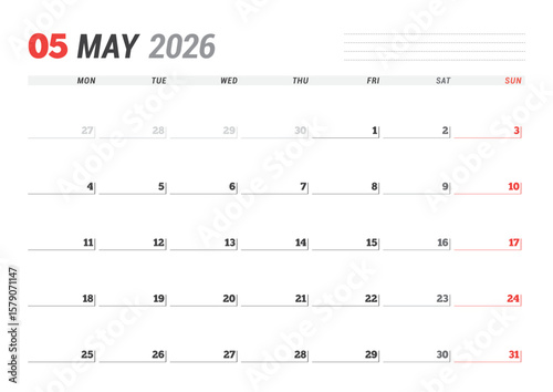 May 2026 Monthly Calendar Template refines executive strategies using minimalist blank lines, perfect for planning goals and focus tracking, great for business use, vector illustration