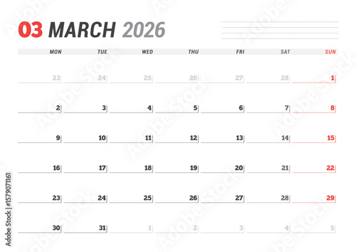 March 2026 Monthly Calendar Template boosts business planning with minimalist blank lines, ideal for meeting rooms and workflow management, streamlines productivity, vector illustration